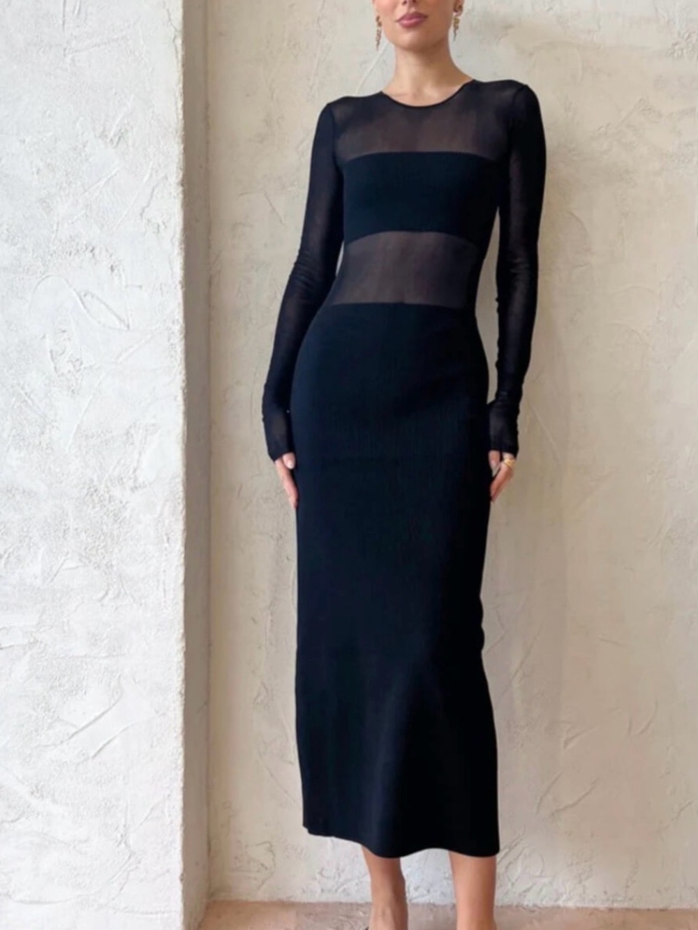 SIR The Label Impermanence Splice Maxi Dress Noir Black Sheer Knit S